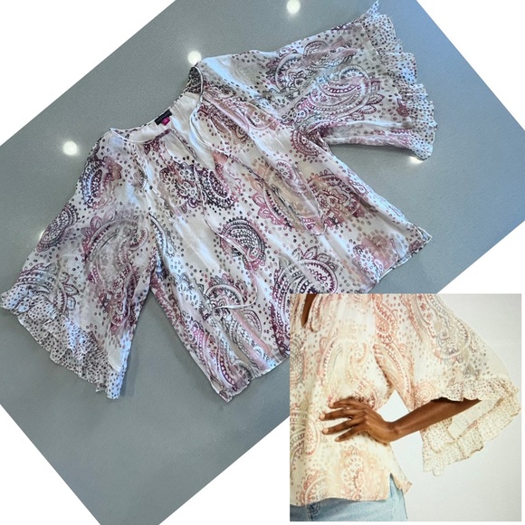 Paisley Ruffle Bell Sleeve Lined Tie Strings Sz Medium Boho Coastal Cowgirl - Picture 2 of 12